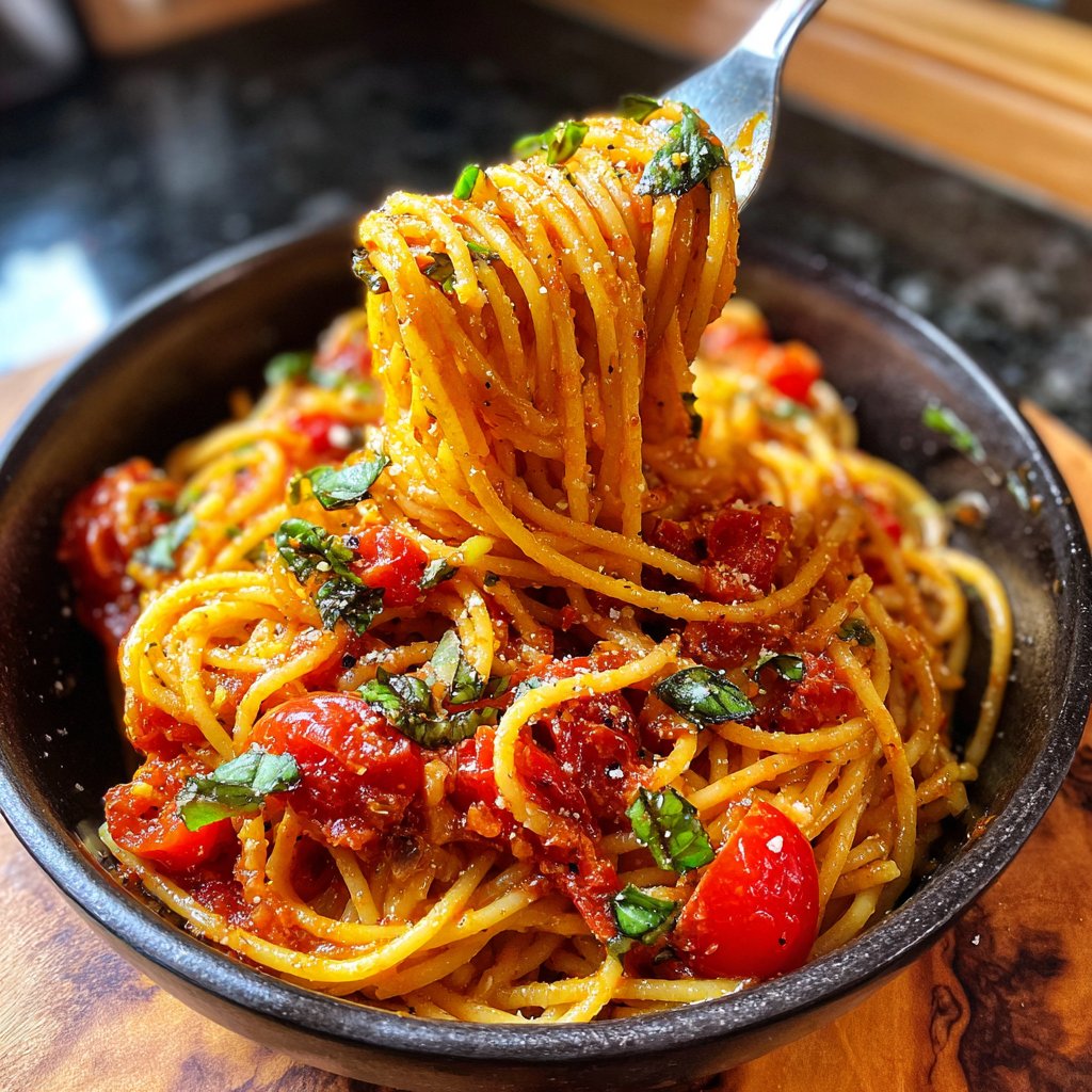Spaghetti mit Tomaten und Basilikum